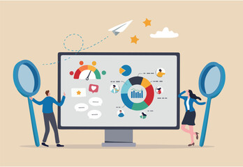 CRM customer relationship management software, marketing communication strategy, client analysis, social listening or interaction concept, business people working on CRM software with information.