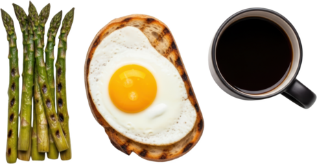 Grilled Asparagus Spears Fried Egg On Toast And A Cup Of Black Coffee Isolated On A Transparent Background Isolate