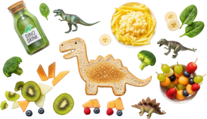 Dinosaur shaped toast with fruit vegetables fries and green drink food healthy kids transparent background