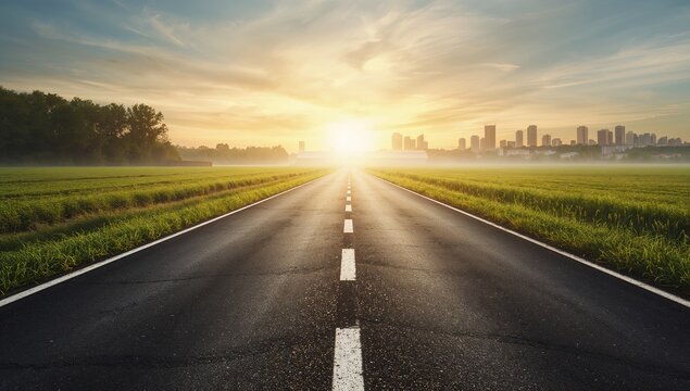 A solitary asphalt road at sunset with city at the background
