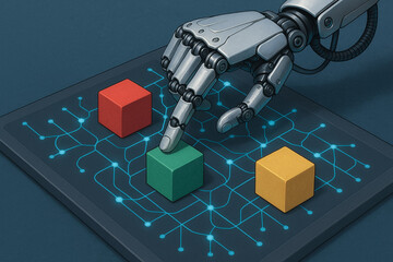Robot hand touching green cube on digital interface with network connections representing behavioral economics strategy concept