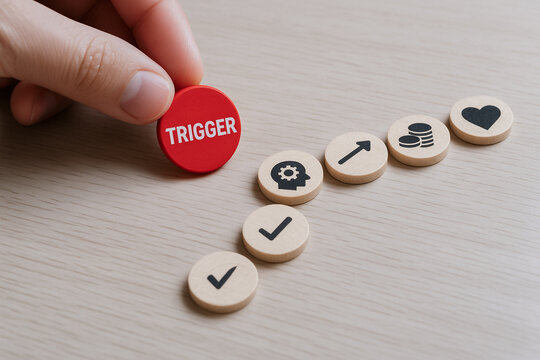 Behavioral economics strategy concept with hand holding red trigger token influencing decision making and goal achievement process