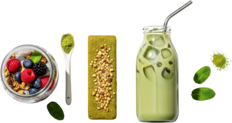 A glass jar of berry chia seed pudding spoon with matcha powder a green bar and iced matcha drink with mint leaves transparent background