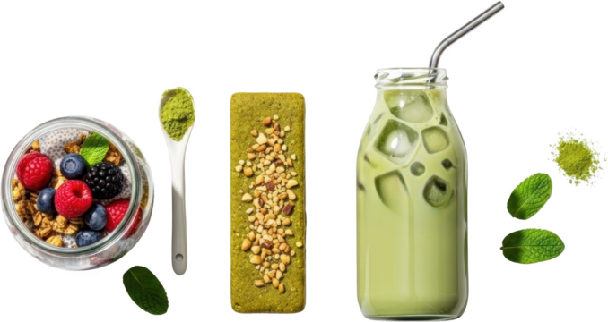 A glass jar of berry chia seed pudding spoon with matcha powder a green bar and iced matcha drink with mint leaves transparent background