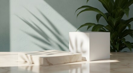 Product display podiums marble white plant shadows background