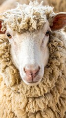 Obraz premium Portrait of a Sheep with Creamy White Woolly Fleece and Pink Nose in an Outdoor Farm