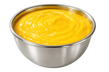 Creamy cheese sauce swirling inside polished stainless steel bowl, transparent backdrop highlighting culinary texture