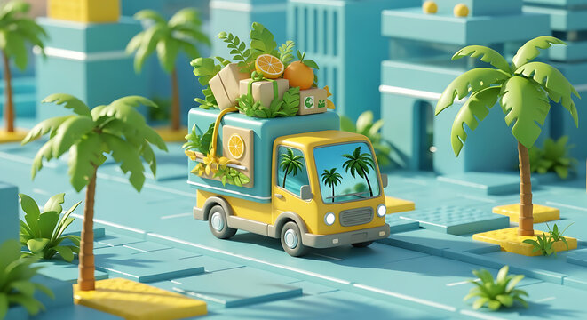 Stylized Delivery Truck with Greenery and Citrus Driving Through a Bright Cityscape, Bringing a Touch of Tropical Paradise