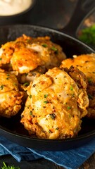 Crispy fried chicken thighs in pan