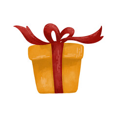 Gift box, festive watercolor illustration in yellow autumn colors. Design element for printing, children's prints, and decorations.