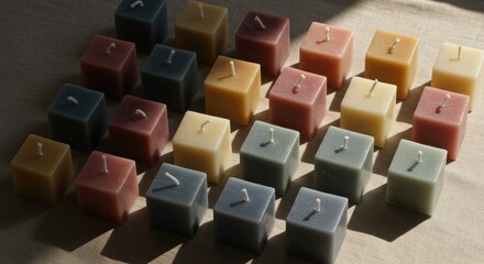 Small, colorful, square candles arranged in a grid pattern