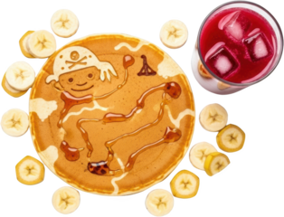 A pirate themed pancake with banana slices and a glass of iced red drink fruit breakfast transparent background