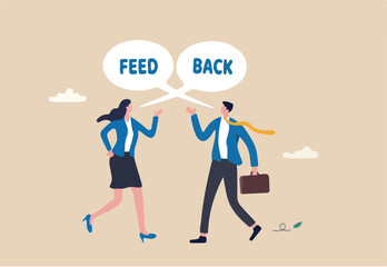 Employee feedback, opinion or colleague voice for improvement, message discussion, telling or comment each other, appraisal or review process, businessman and woman telling feedback to each other