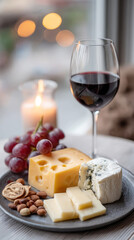 Elegant cheese plate and red wine on small bistro table for cozy evening setting