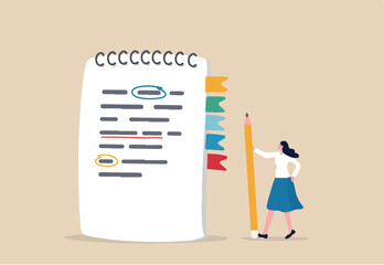 Taking note for study and work, efficiency way for important information, summary or conclusion, planning or productivity concept, young woman holding pencil with notebook or notepad for taking note