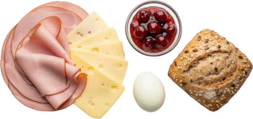 Sliced Ham And Swiss Cheese Arranged With A Boiled Egg Cherry Jam And Seeded Bread Roll On A Transparent Background Transparent Background