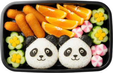 Two panda shaped sushi rice balls with fried fish sticks orange slices cucumber flowers and decorative fish cakes transparent background