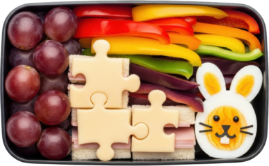 Colorful healthy bento box with grapes sliced peppers puzzle cheese and bunny shaped egg transparent background