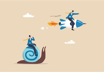 Boost fast speed to win business competition, high performance employee, competitive advantage winner, innovation or skill to success concept, businessman winner riding rocket, another on slow snail.