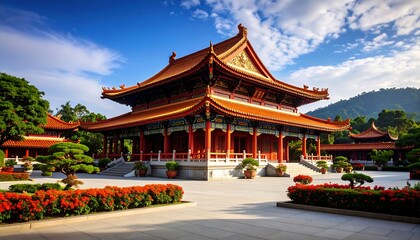 Asian temple complex, vibrant colors