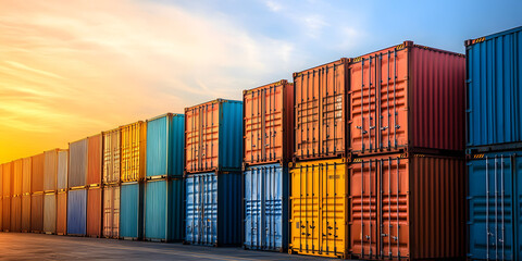 Fototapeta premium Shipping containers stacked at sunset.
