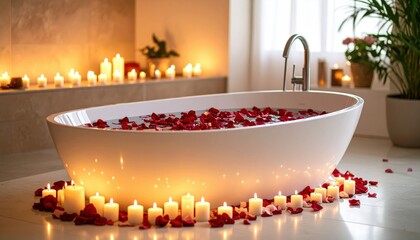 Romantic Spa Inspired Bathtub With Candles And Roses