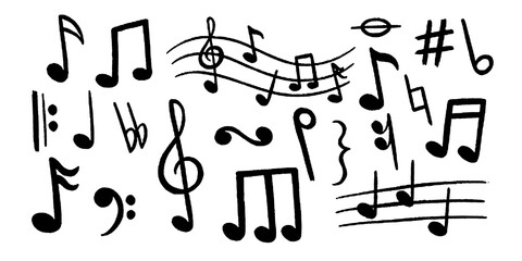 Obraz premium music notes set. Chalk doodle musical symbols collection. Kids pencil textured symbols. Charcoal brush scribbled music signs bundle. Sound elements. Hand drawn vector illustration