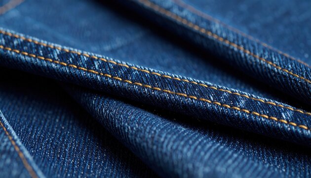 Close Up View Of Blue Denim Fabric With Golden Stitching
