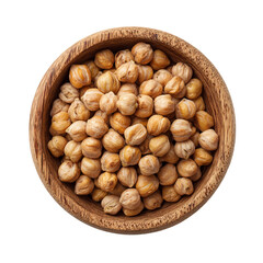 Fototapeta premium Chickpeas in a Wooden Bowl: A top-down perspective showcases a rustic wooden bowl brimming with a collection of dried chickpeas, offering a culinary and organic presentation.