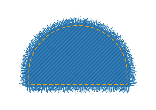 Patch denim Half circle Semicircle shape with stitches seam torn Frayed edges jeans label fashion illustration. Flat apparel blue color template isolated on white background