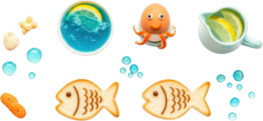 Playful Fish Shaped Toasts Cute Octopus Egg Blue Drinks Lemons Bubbles Seashells And Carrot Slices On A Transparent Background Transparent Background