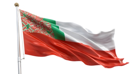 Close up of the sultanate of oman flag waving in the wind against a black background on a flagpole