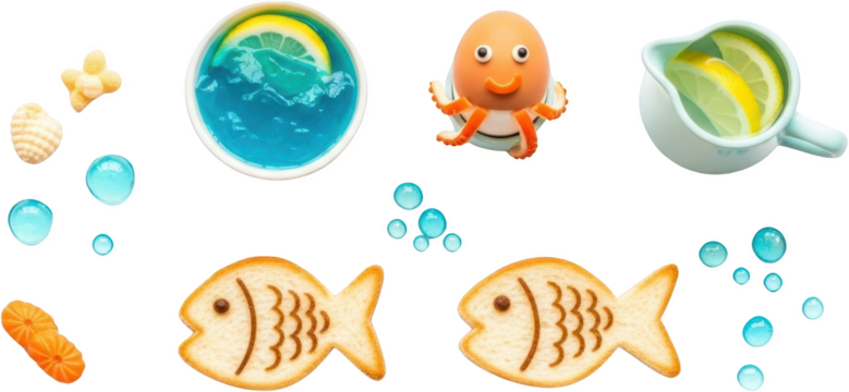 Playful Fish Shaped Toasts Cute Octopus Egg Blue Drinks Lemons Bubbles Seashells And Carrot Slices On A Transparent Background Transparent Background