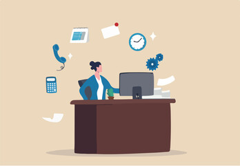 Employee wellbeing or wellness, comfortable to work, project management or relax workplace, balance or productivity concept, office woman mindfulness meditating on working desk levitate working stuff