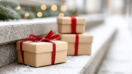 Festive stone steps with wrapped gifts and snowy garland for holiday decor