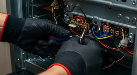 Close-up of a technician's gloved hands meticulously connecting and repairing intricate electrical wiring inside an electronic device or industrial...