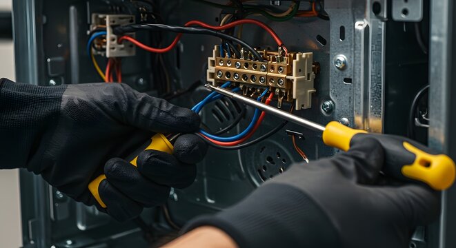 Gloved Hands of Technician Connecting Electrical Wires in Control Panel or Electronic Device Hardware