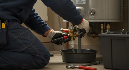 Skilled Plumber Servicing Residential Water Heater. Technician Performing Maintenance or Repair on Home Hot Water System with Tools and Protective ...