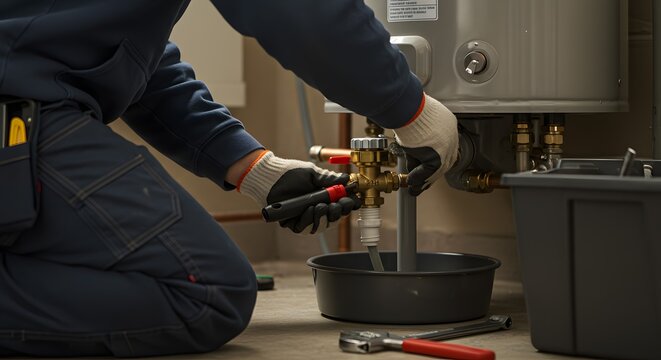 Skilled Plumber Servicing Residential Water Heater. Technician Performing Maintenance or Repair on Home Hot Water System with Tools and Protective ...