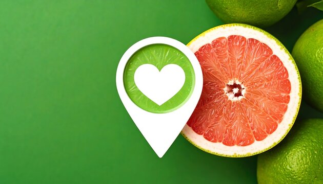 Fresh grapefruit slice, heart, green background