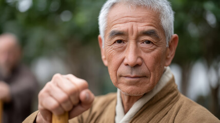 Elderly man demonstrates cane based defense techniques in outdoor setting