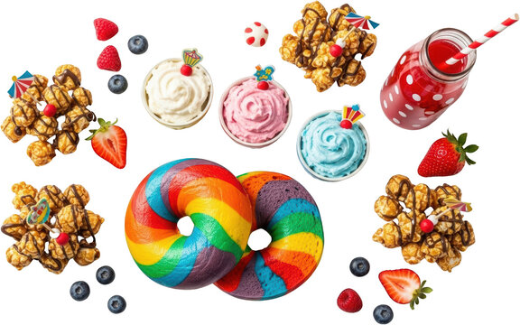 Assorted colorful bagels cream bowls chocolate drizzled popcorn berries and a polka dot drink transparent background