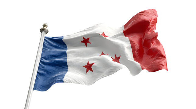 A waving flag with blue white and red sections and red stars against a black background outdoors