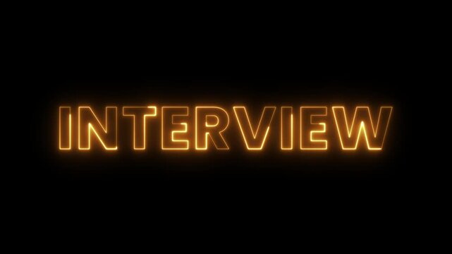 INTERVIEW, neon glowing text animation. Perfect for intros, call-to-action scenes, startup messages, or motivational content. Bright and energetic design with flickering neon light effect. 