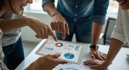 Collaborative business team analyzing financial data and statistics on a digital tablet during a strategy meeting.