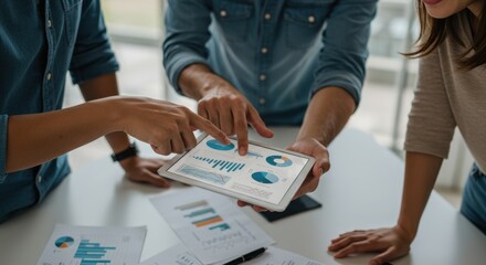 Business team collaborating on a digital tablet, discussing financial data and charts, showcasing teamwork and strategy.