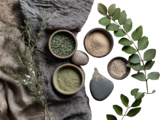 Discover natural wellness with organic powders, herbs, and botanicals arranged artfully for a spa or self-care aesthetic, evoking purity and tranquility.
