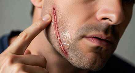 Obraz premium Man applying healing ointment on fresh facial scar in home environment during daylight hours