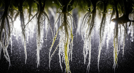 Roots thriving in an aeroponic system within a vertical farm environment