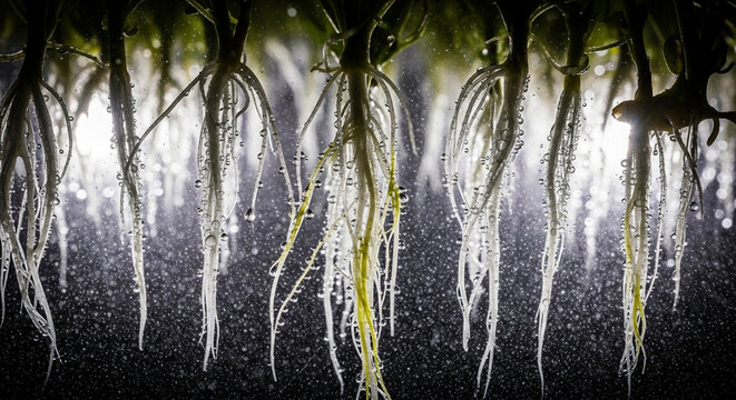 Roots thriving in an aeroponic system within a vertical farm environment
